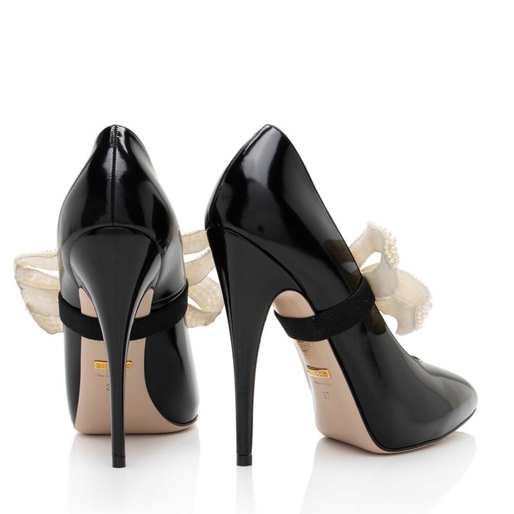 Gucci Polished Leather Removable Faux Pearl Bow Pumps - Size 7 / 37 - Picture 3 of 9